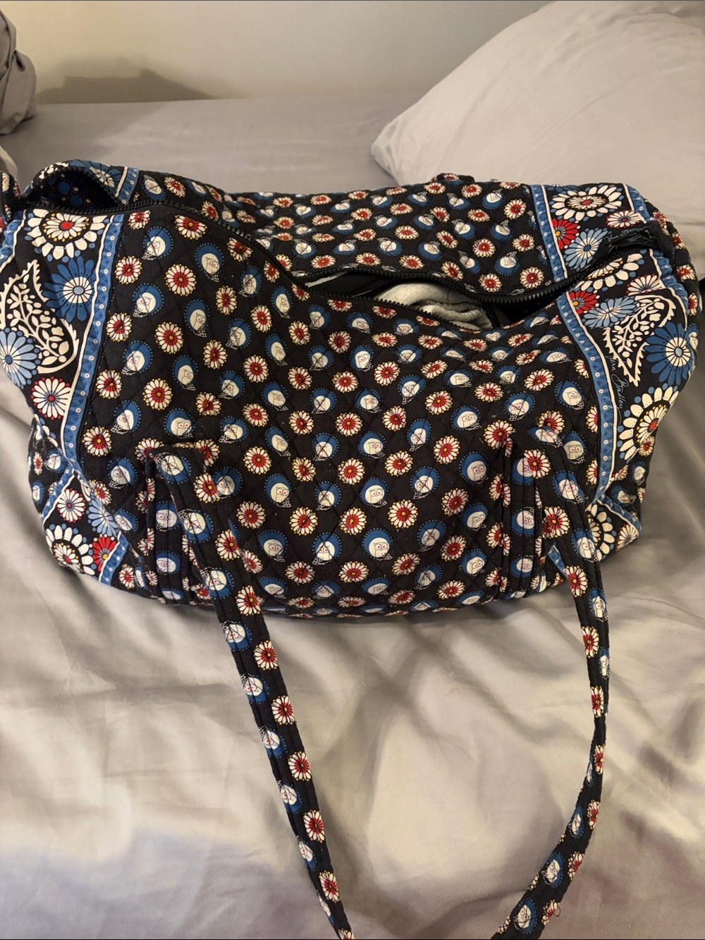 Vera Bradley Navy Quilted Floral Travel Tote with Red & Light Blue Accents